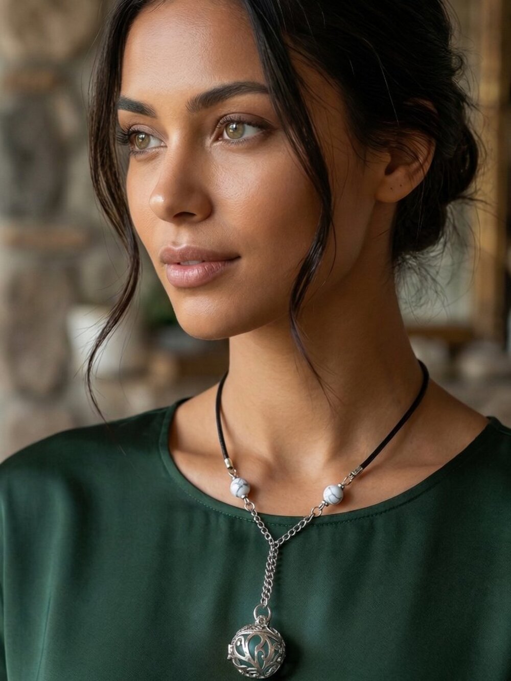Teal Stone & Marble Accents Lariat Necklace - Picture 4 of 5